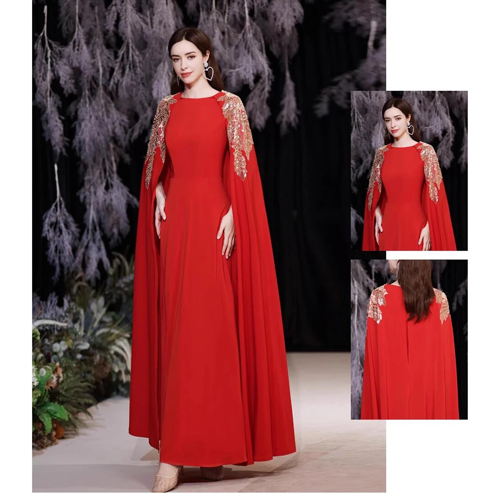 2023 Prom Dress Red O-Neck French Shawl Beads Pearls Ankle Length A-Line Empire Fashion Formal Occasion Dress Evening Dress