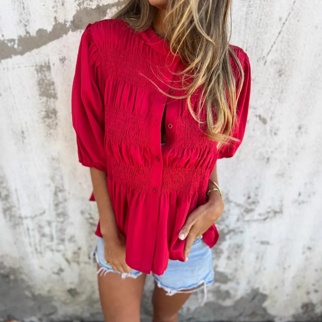 

Новая весенняя плиссированная рубашка, топ, женская мода, воротник-стойка, рубашки с пышными рукавами для женщин, 2025 г., повседневные однотонные Blusa, топы Femme