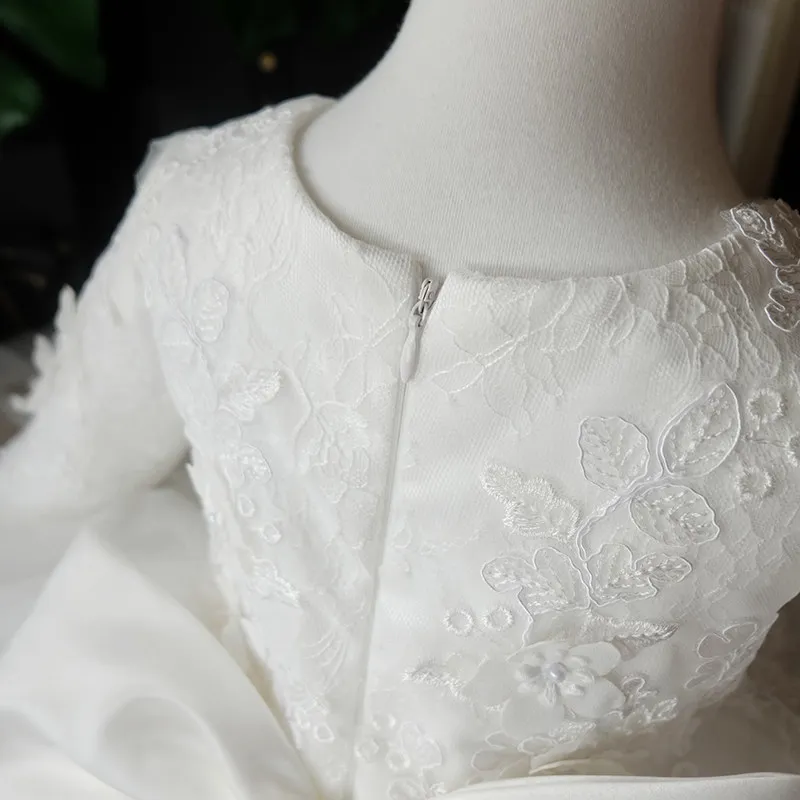 

Custom Flower Girl Dress Wedding First Christmas Party Gown with Long Sleeve 3D Floral Lace Tulle for Kids