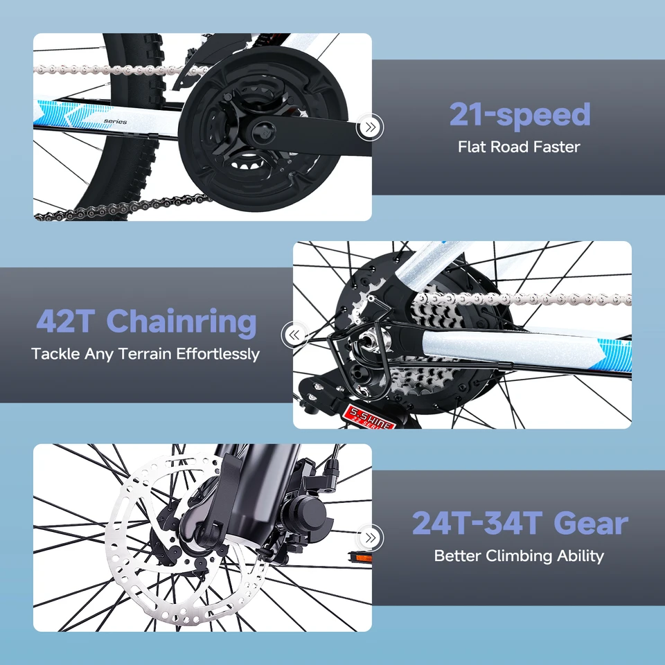 QNUT 26 Inch Adult Electric Mountain Bike, 21‑Speed Gears 1000W Peak Motor, 20MPH Max Speed E‑Bike, 36V 10.4Ah Removable Lithium Battery, Off‑Road & City Commuting Electric Bicycle for Men Women Daily Outdoor Riding image 7