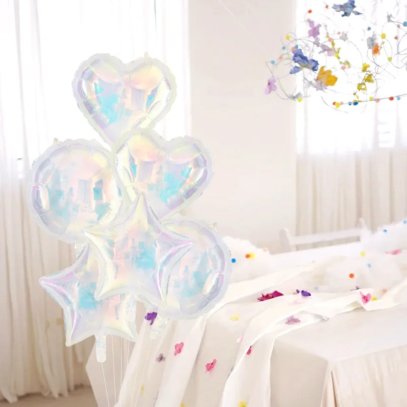 

6pcs Foil Star Heart Round Balloons Transparent Iridescent Balloons For Mermaid Theme Birthday Disco Party Wedding Decorations