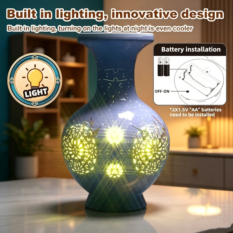 3D Vase Waterproof Puzzle With Light Flower Three-dimensional Blue And White Porcelain Bird Chinese Style Home Decoration Gifts