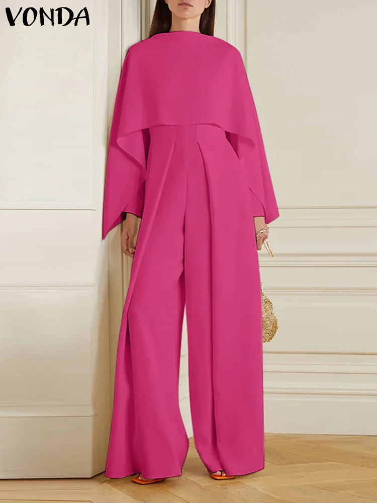 VONDA Casual Solid Color Wide Leg Pants Oversized Women Jumpsuits 2024 Elegant Long Sleeve Zipper Layered Design Rompers Bottom