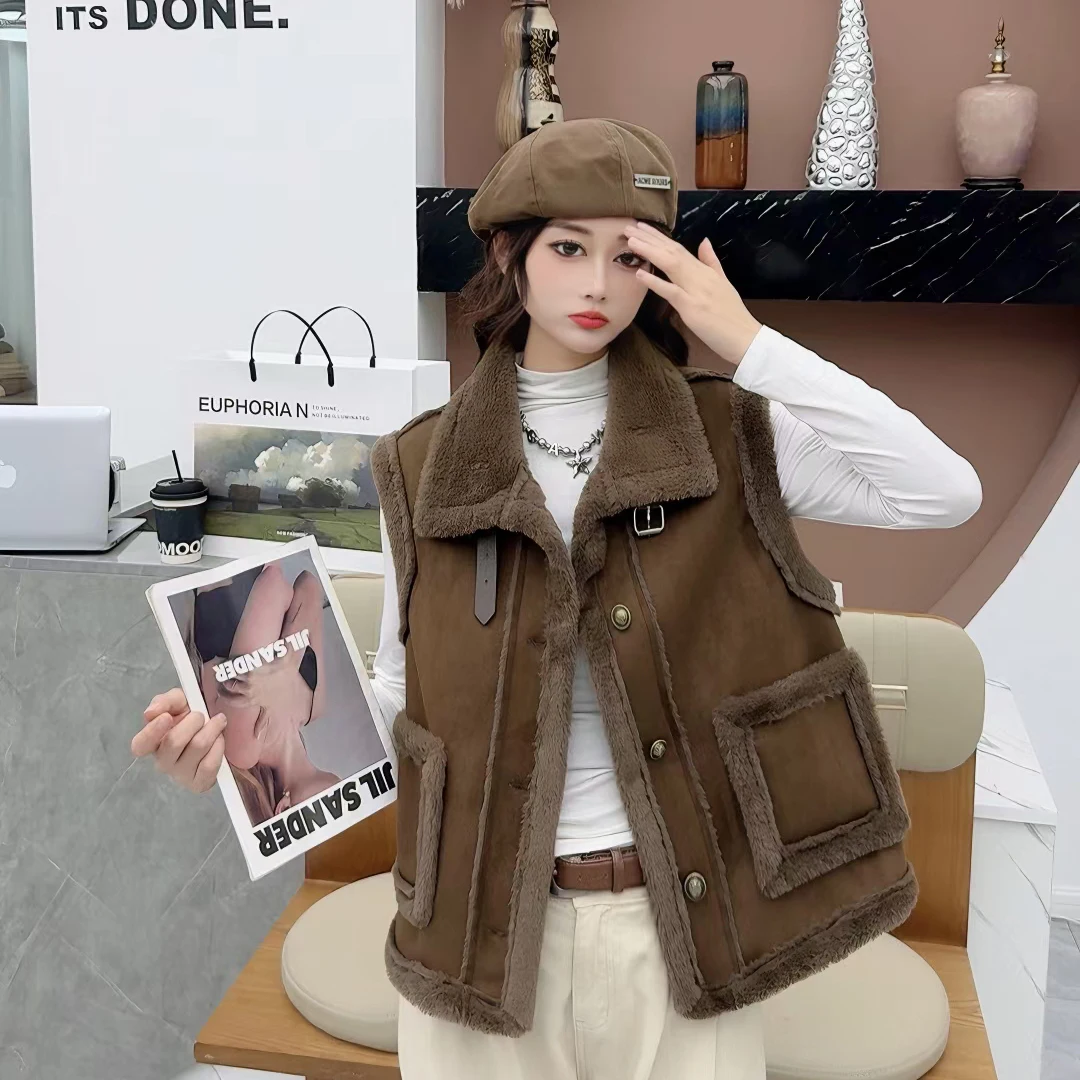 Women Stand Collar Vest Spring Autumn Imitation Fur One Piece Wearing Loose Suede Warm Horse Clip Vest Off Shoulders Female