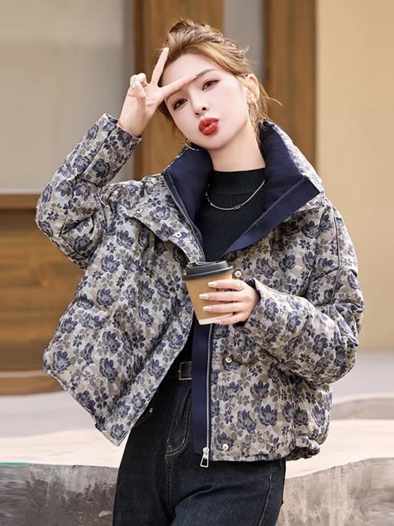 

Printed Bread Jacket Women's Winter Short Style Stand Up Collar Casual Loose Versatile Cotton Coat Korean Parkas W781 ﻿