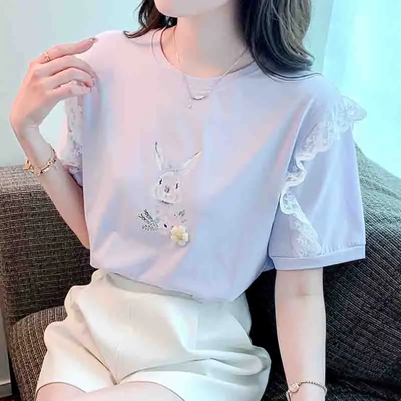 New Cotton Short Sleeve Women\'s T-shirts with Lace Sweet Woman Tops Printing Clothes Casual Summer Purple Women Tshirts 8547