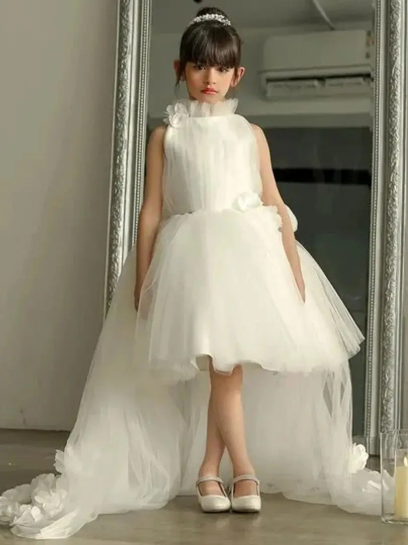 Robes de fille de fleur ivoire personnalisées pour mariage col haut Tulle fleurs 3D élégant enfant première Communion robe d'occasion formelle