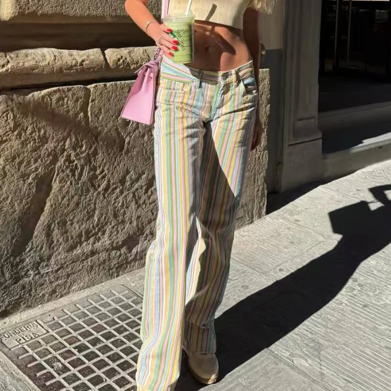 Pantalones Vaqueros Anchos HXAO Rainbow para Mujer, Jeans Rectos 2026, Jeans a Rayas de Tiro Bajo para Mujer, Pantalones de Mezclilla Chic, Pantalones Streetwear