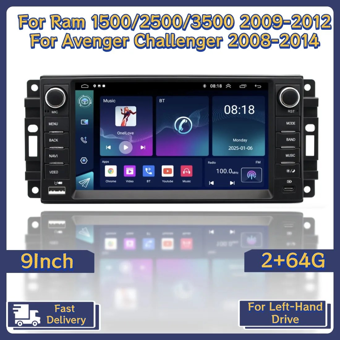 7in 2+64G Car Radio Stereo For Ram 1500/2500/3500 2009-2012 For Avenger Challenger 2008-2014 Android15 For Carplay GPS Navi