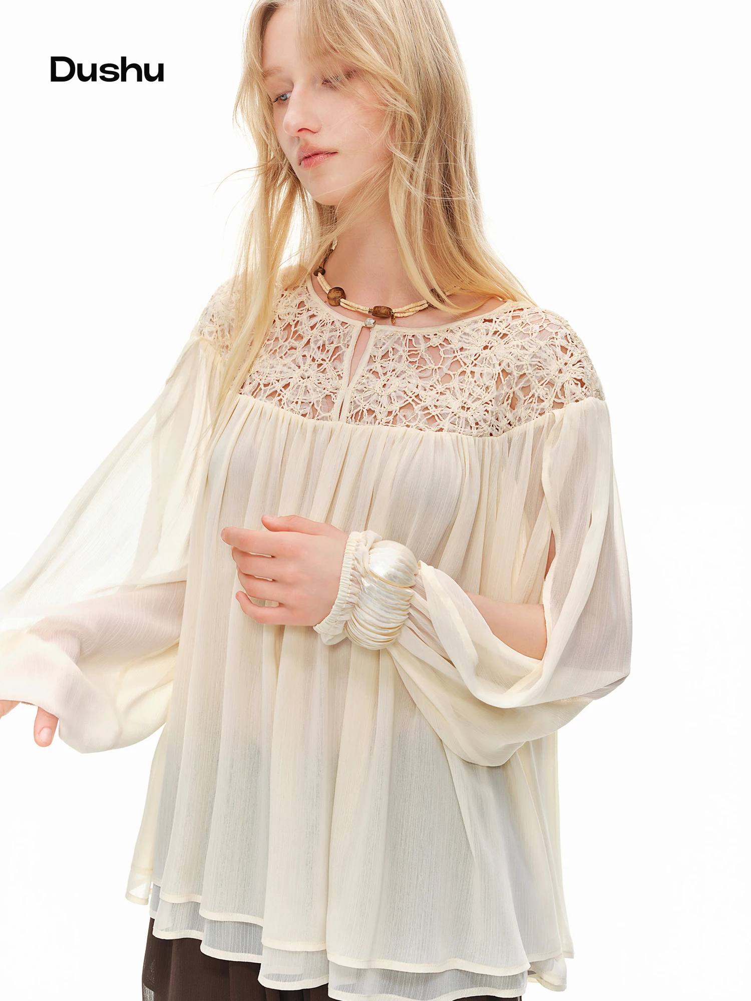 DUSHU Women's French Style Hollow Lace Elegant Cape Blouse 2026 Summer New Chiffon Top Figure-Friendly Multi-Size Shirts Tops