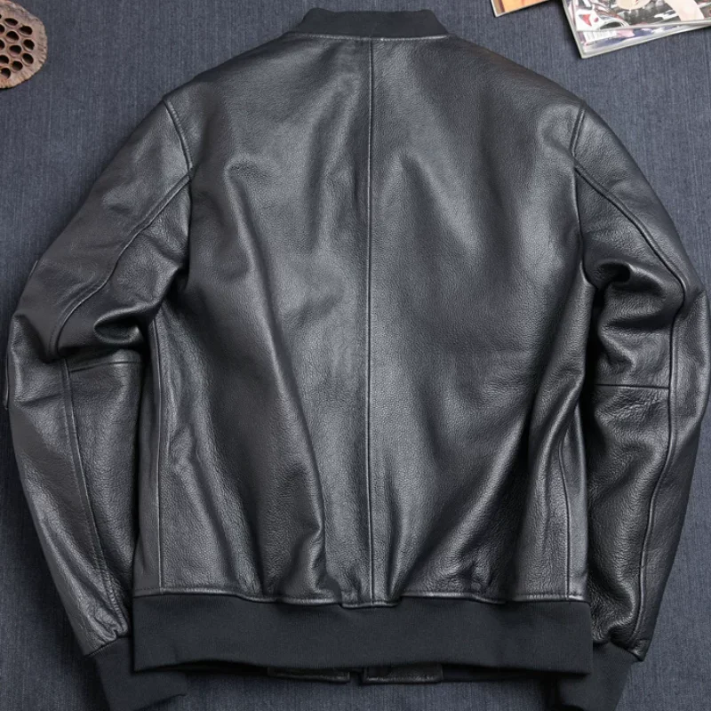 First Layer Pure Calf Leather Jacket Men's Baseball Uniform Plus Cotton Leather Jacket