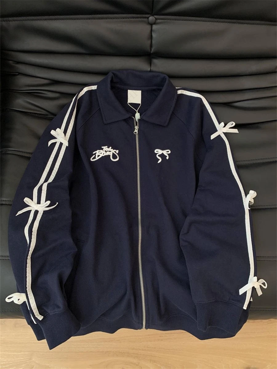 Harajuku Bow manches longues sweat-shirt style décontracté 2000s femmes sweat à capuche zippé côté double bande col montant veste Punk manteaux surdimensionnés
