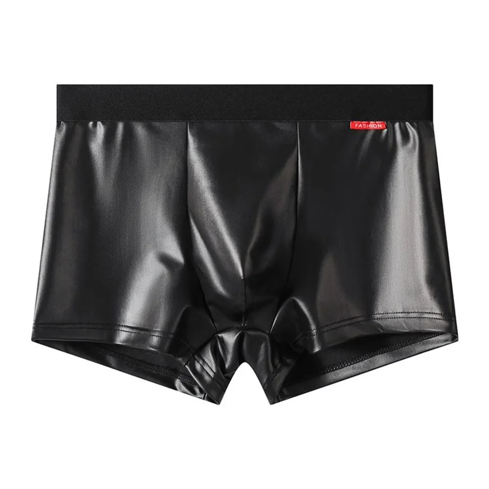 Imitation Leather Men Boxer Briefs Solid Color Shiny Faux Leather Short Underwear Elastic High Waist Comfort Soft Male Casual