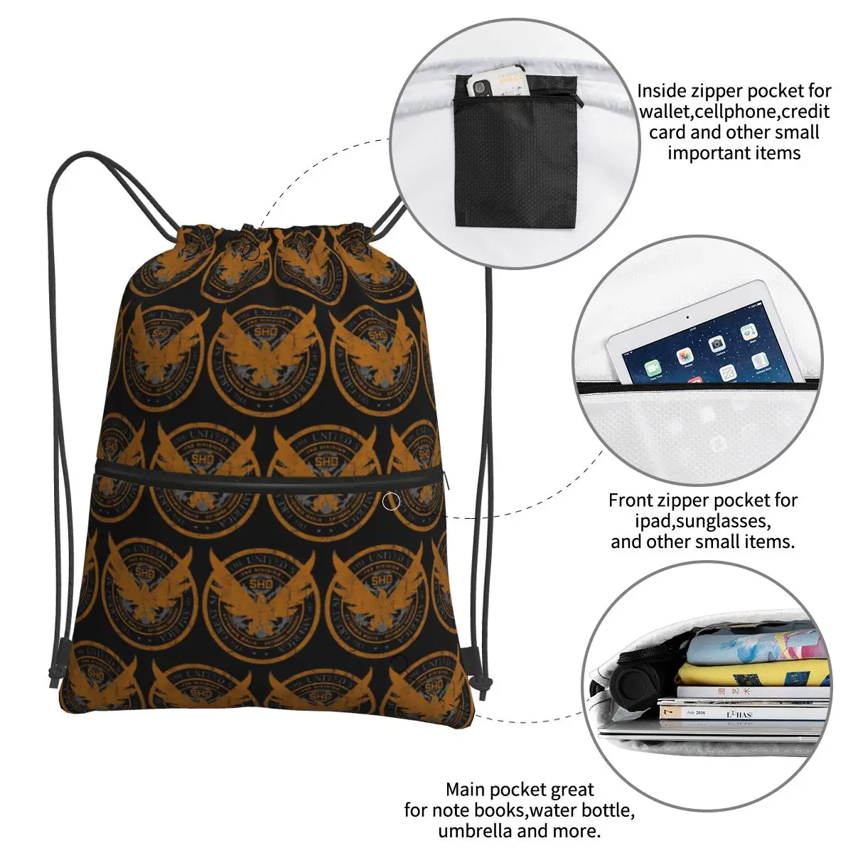 Game Tom Clancys The Division SHD Seal Backpacks Fashion Drawstring Bundle Pocket Shoes Bag Book Bags for Man Woman School view 4