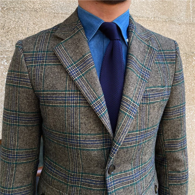 

Tweed Plaid Men British Blazers Single Breasted Business Casual Suit Jacket Wedding Social Office Formal Dress Coat Veste Homme