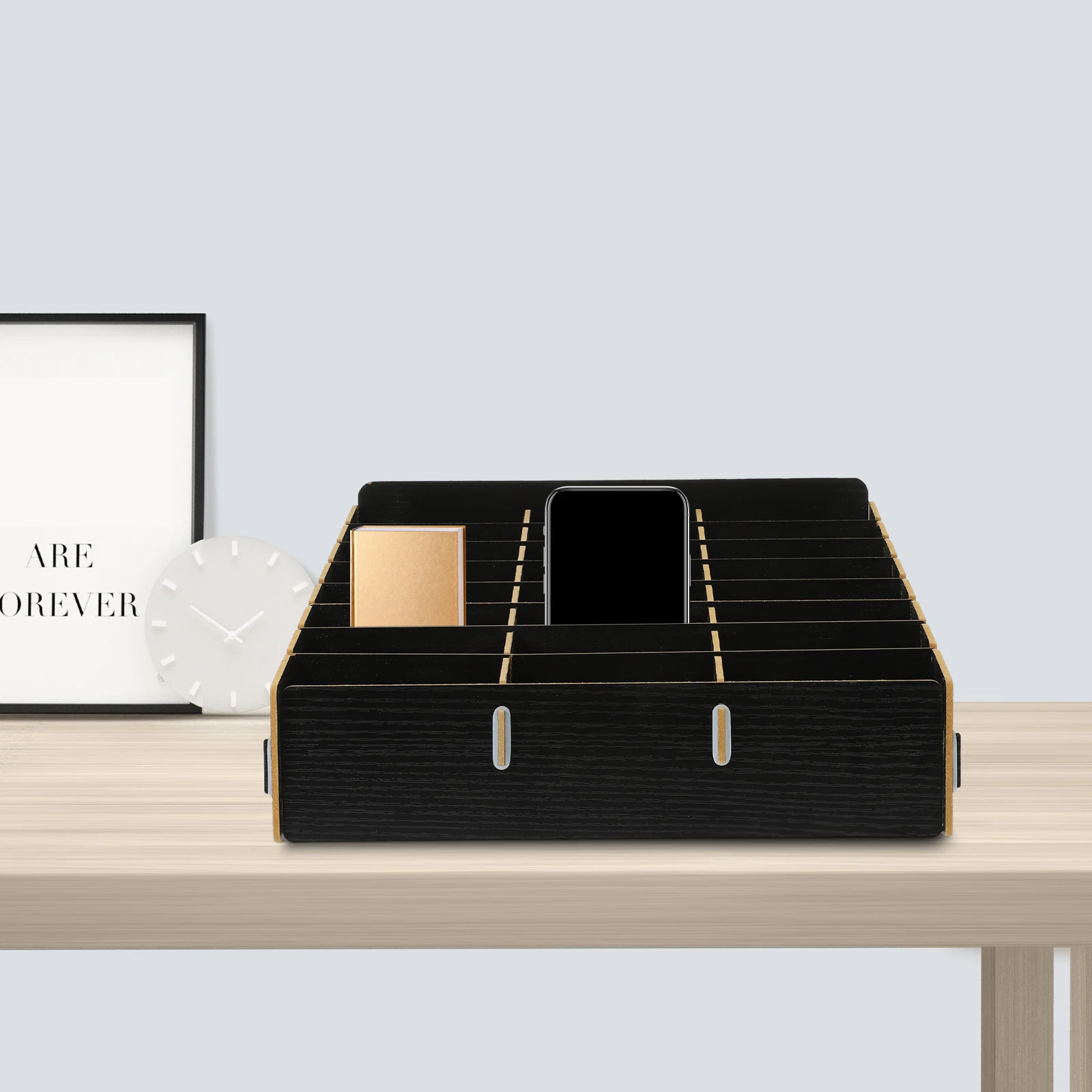 

24 Grid Wooden Storage Box Black Color for Cell Phones Cards Props Multi Functional Desk ganizer Suitable Meeting Classroom