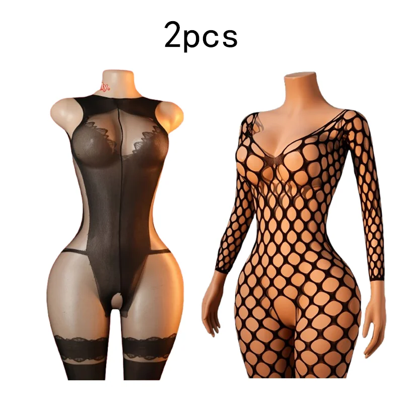 Paquete de 2 unidades: lencería sexy de malla para mujer, tipo body, de color liso (negro) con diseño calado; ideal para uso diario o ocasiones formales.