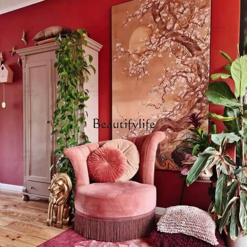 

Italian Lotus Root Pink Vintage Tassel Velvet Single Sofa Balcony with Armrest Shaped Couch