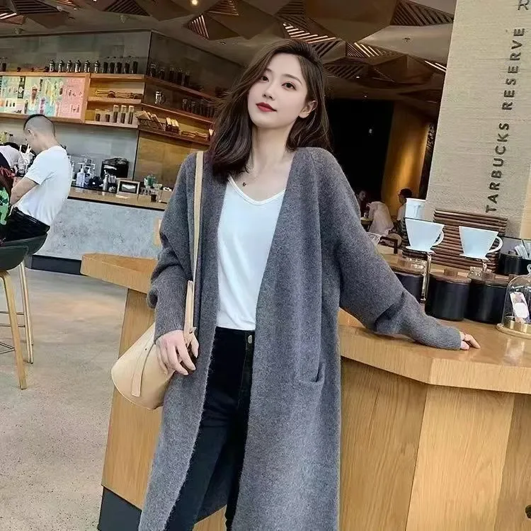 

Loose jacket top, medium to long, thick gray cardigan, lazy new style, Korean version sweater, knitted for spring and autumn