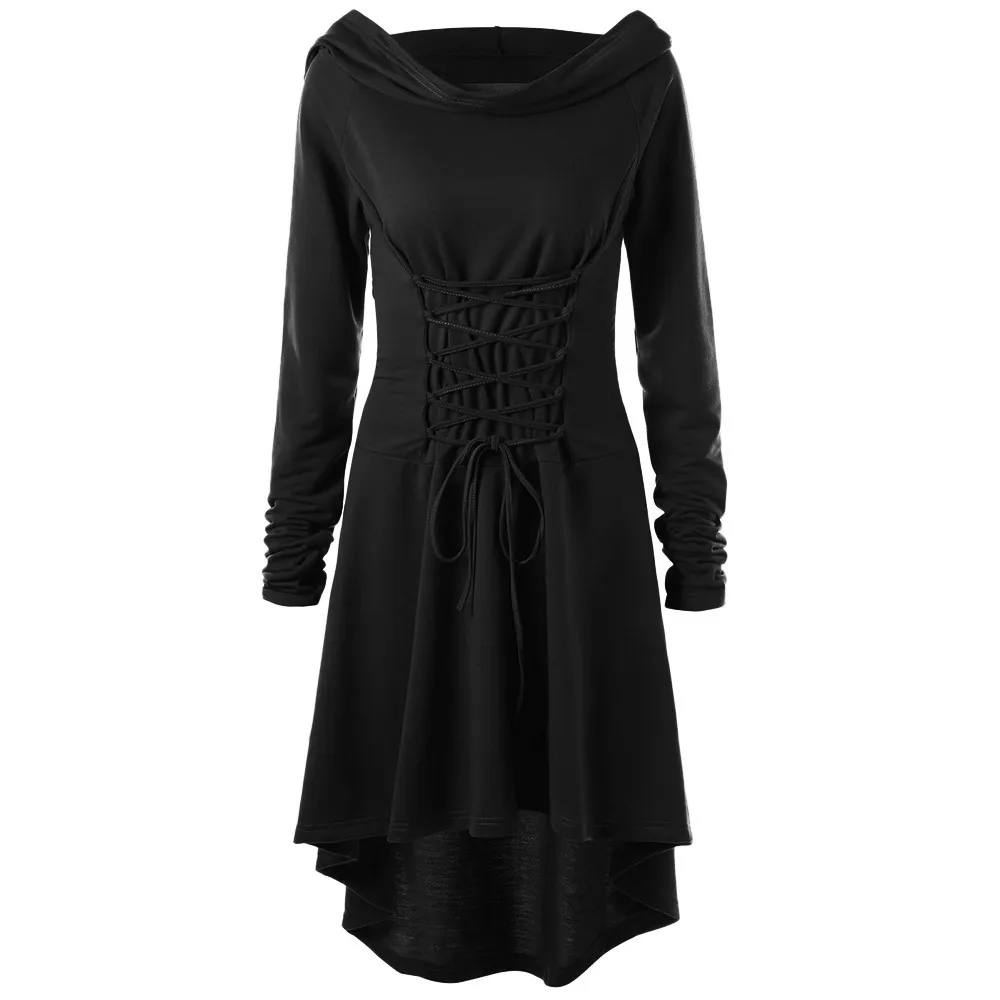 Gothic Vinatge Hooded Dress For Women Long Sleeve Bandage Slim Waist Belted Cloak Dresses Medieval Lace Up Vestidos Halloween