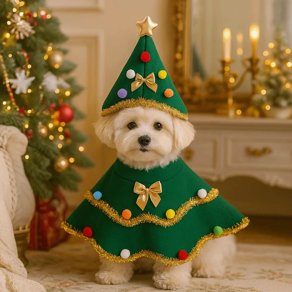 

Cartoon Christmas Dog Cape Adjustable Polyester Pet Cloak Unique Christmas Tree Design Pet Christmas Clothing Photo Shoots