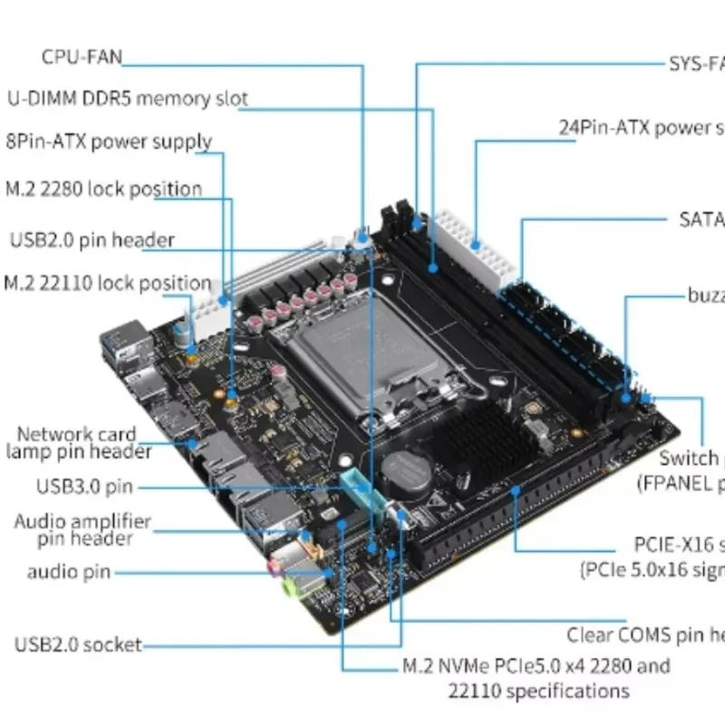

Материнская плата Q670 vPro с 8 отсеками NAS 12/13/14-го поколения LGA1700 CPU 3x NVMe 8x SATA3.0 1x PCIEx16 2x DDR5 2.5G LAN H670 Материнская плата