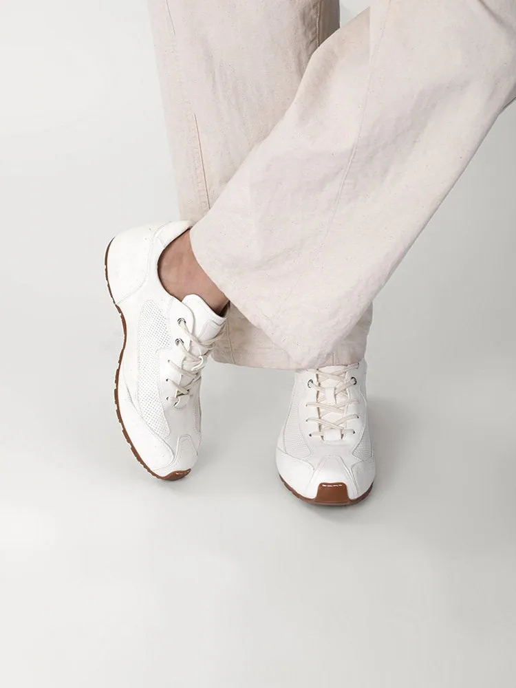Fashion Mens Horsehide Genuine Leather Sneakers Handmade Lace Up Breathable Joggers Trainers Shoes Low Cut Thick Platform Shoes