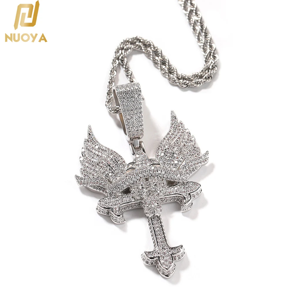 

Men's Iced Out Cubic Zircon Wings Cross Charm Pendant Necklace CZ Hip Hop Jewelry Skull Cross Pendant For Rapper Party Gift