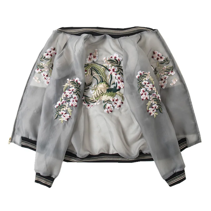 Women Luxury Floral Embroidery Bomber Jacket Perspective Coat Vintage Zipper Streetwear Outerwear Organza Cardigan Tops 2021