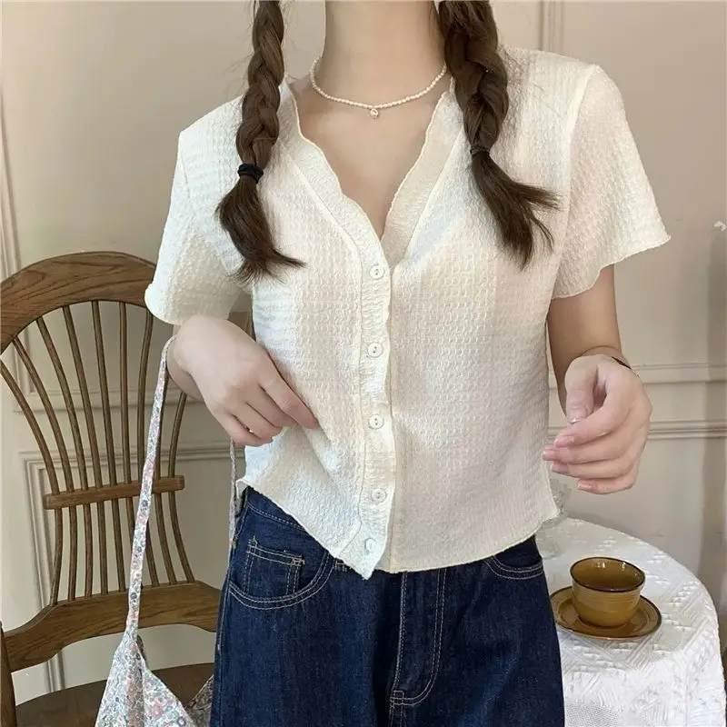 Women Shirt V-neck Gentle Stylish Solid Fungus Design All-match Temperament Korean Fashion Streetwear Chic Casual Popular Summer