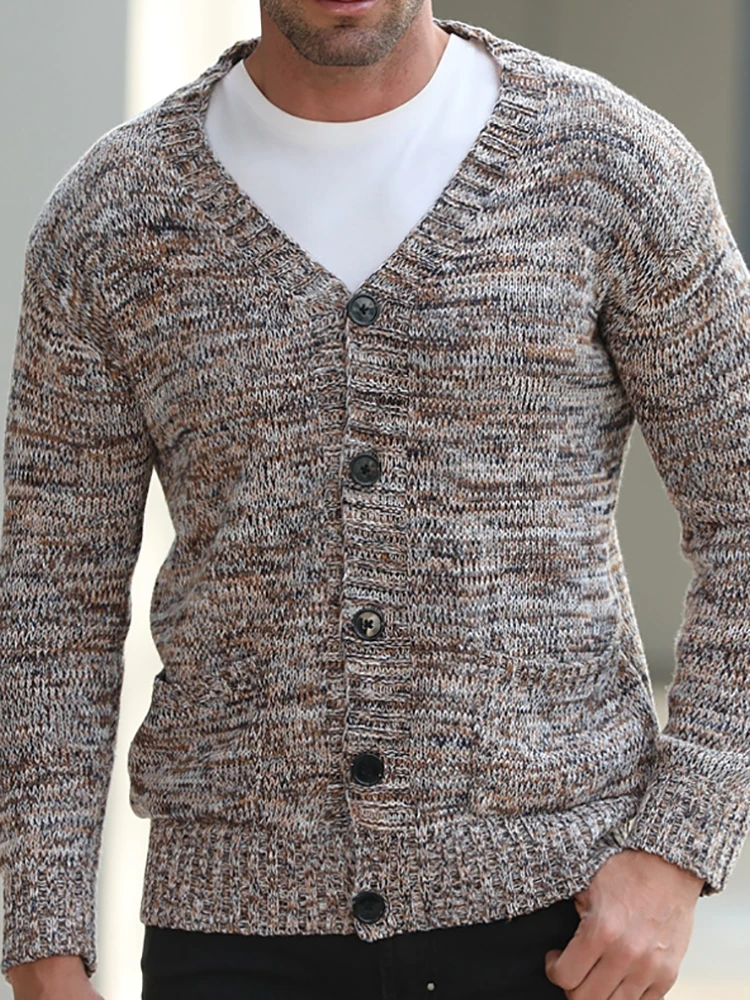 Brown Print Knitwear Long Sleeve Sweatercoat Men V Neck Pockets Button Cardigan Jackets Street Wear Loose Casual Sweater Outwear