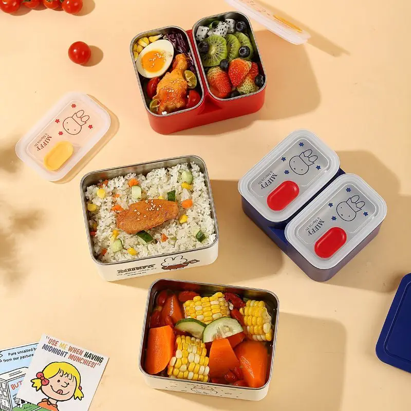 Cute Miffy Square 304 Stainless Steel Bento Lunch Box with Lid Insulated Cartoon Meal Container Set Students Office Workers Scho