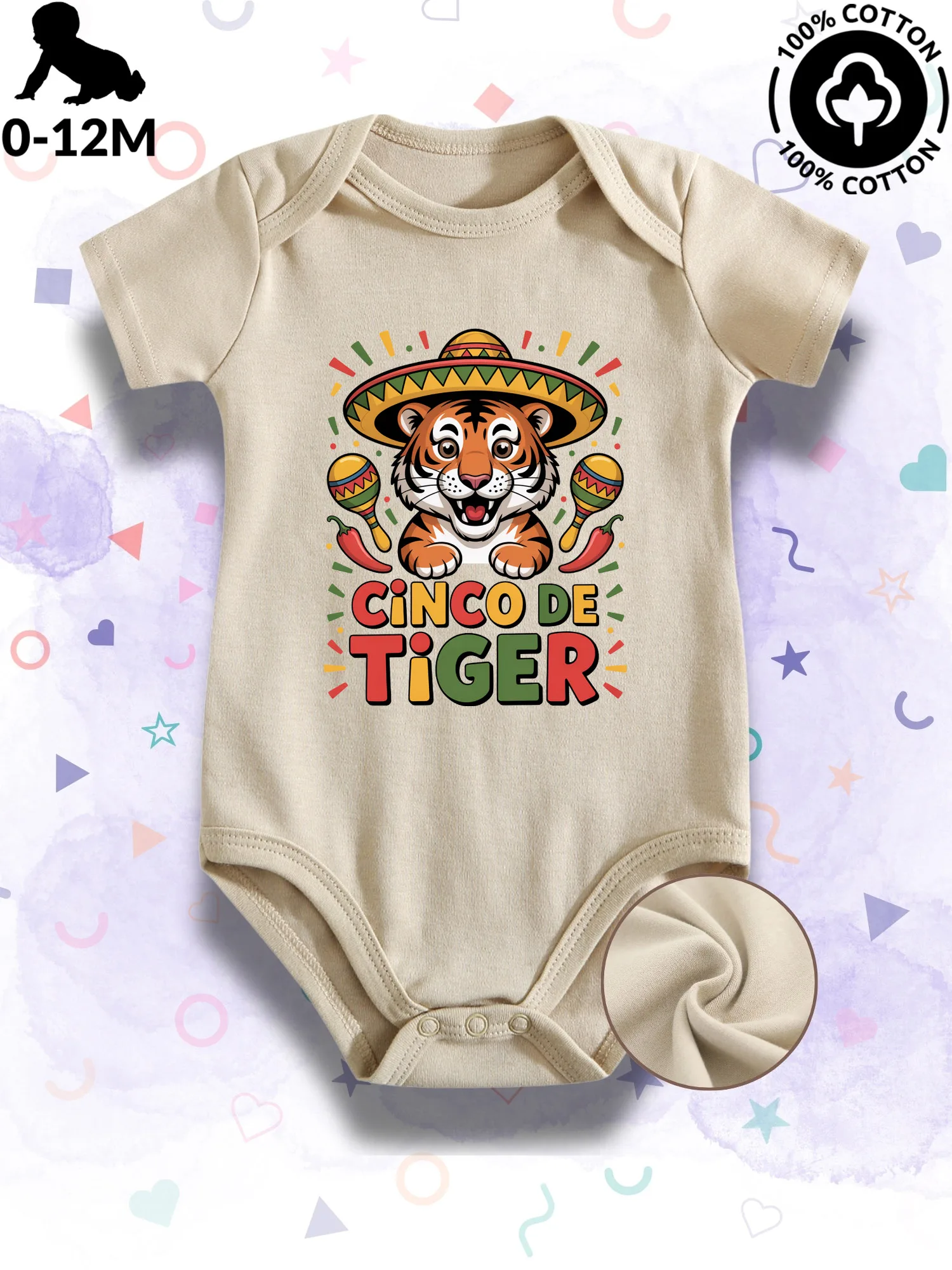 

Cinco De Tiger Unisex Baby Bodysuit, 100% Cotton Soft Onesie, All-Season Wear Beige Crawling Suit 190GSM