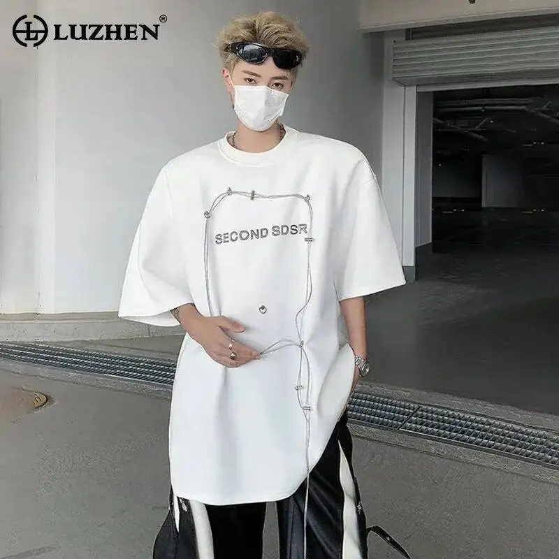 LUZHEN Sleeve Drawstring Shoulder Decorate T-shirt Loose Original Short Pad 2025 Summer Streetwear Round Neck Casual Tops JY7532