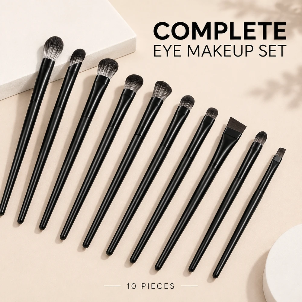 Black 10Pcs Eye Makeup Brush Set Soft Synthetic Bristles Eyeshadow Blender Liner Knife Edge Detailing Small Size Kit