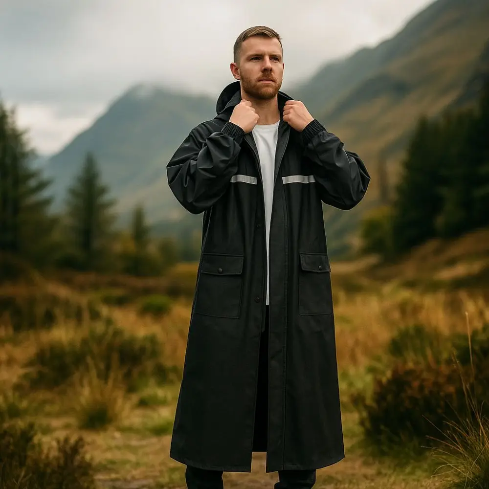 

Windproof Motorcycle Rider Raincoat Reflective Strips Wear Resistant Long Hooded Raincoat Detachable Brim Waterproof Rain Coat