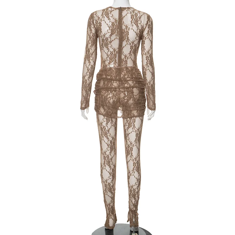 Women Sexy Cross See Through Lace Flare Jumpsuit with Ruched Bodycon Mini Skirts Long Sleeve Slim Clubwear Party Overalls