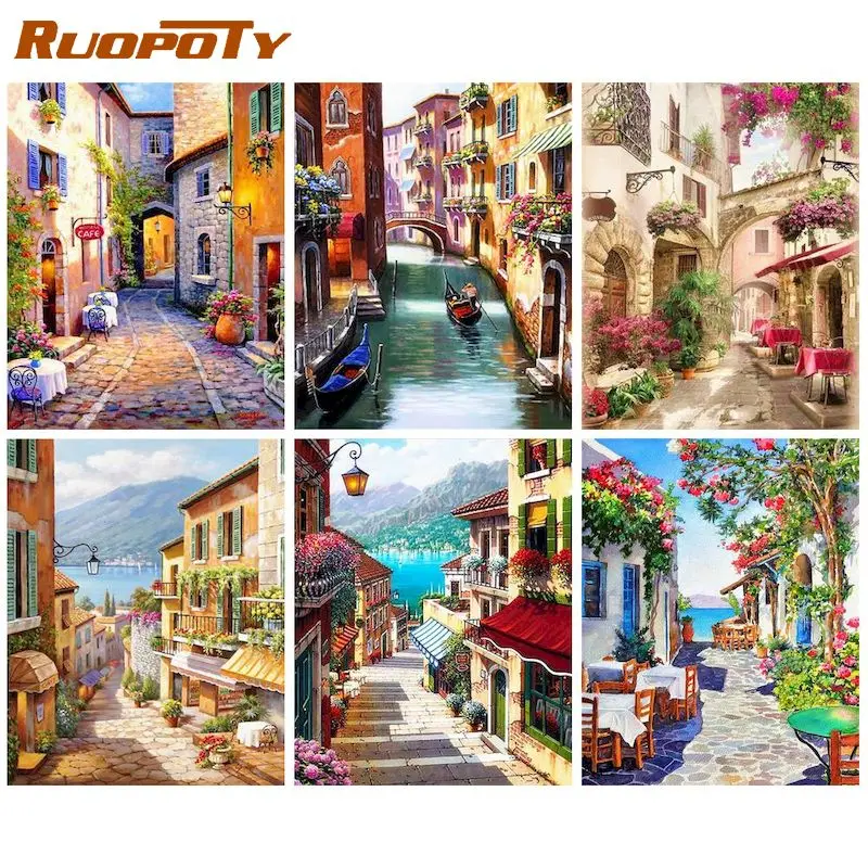 

RUOPOTY Modern Diamond Painting Frame Cross Stitch Crafts Kit Twon Landscape Mosaic Embroidery Home Garden For Adult Gift