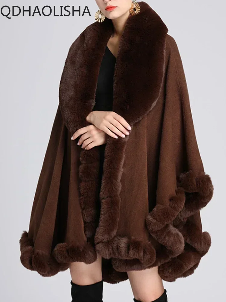 Women Fur Ponchos Coat Cardigan Elegant Casual Fur Collar Shawl Cloak Woolen Coat Oversize Batwing Sleeve Tassel Korean Fashion