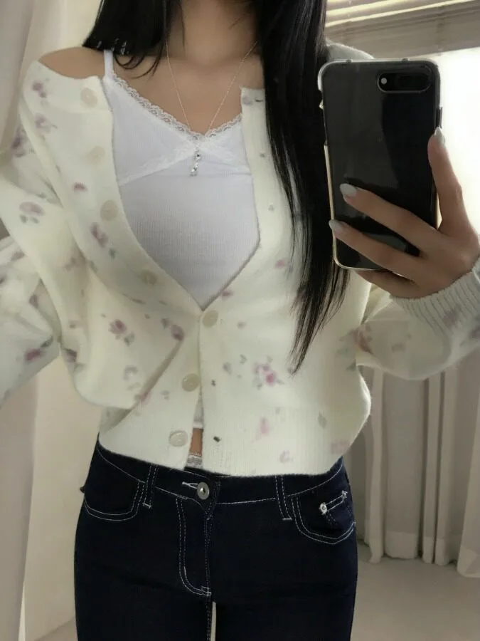 Sweet Floral Print Gradient Knitted Open Cardigan Korean Style Women's Sweater Wool Material Regular Fit Online Exclusive 202...