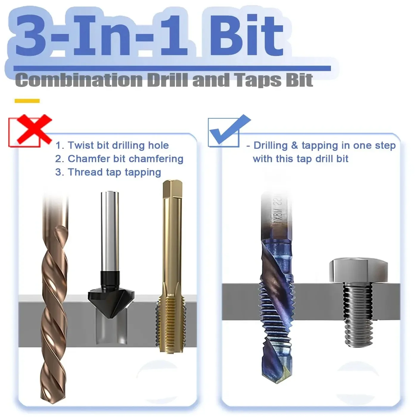 6Pcs HSS Tap Drill Bit Set M3-M10 Hex Shank Drill & Tap Combo Set Thread Tapping Tool for Metal Wood Fast Threading Repair Kit