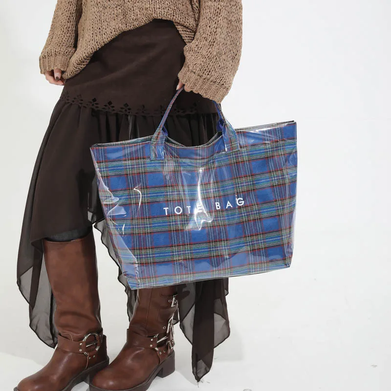 Torba z PVC, wodoodporna torba na ramię z papieru kraft o dużej pojemności, damska torba na zakupy z górnym uchwytem, kontrastowe paski w kratę