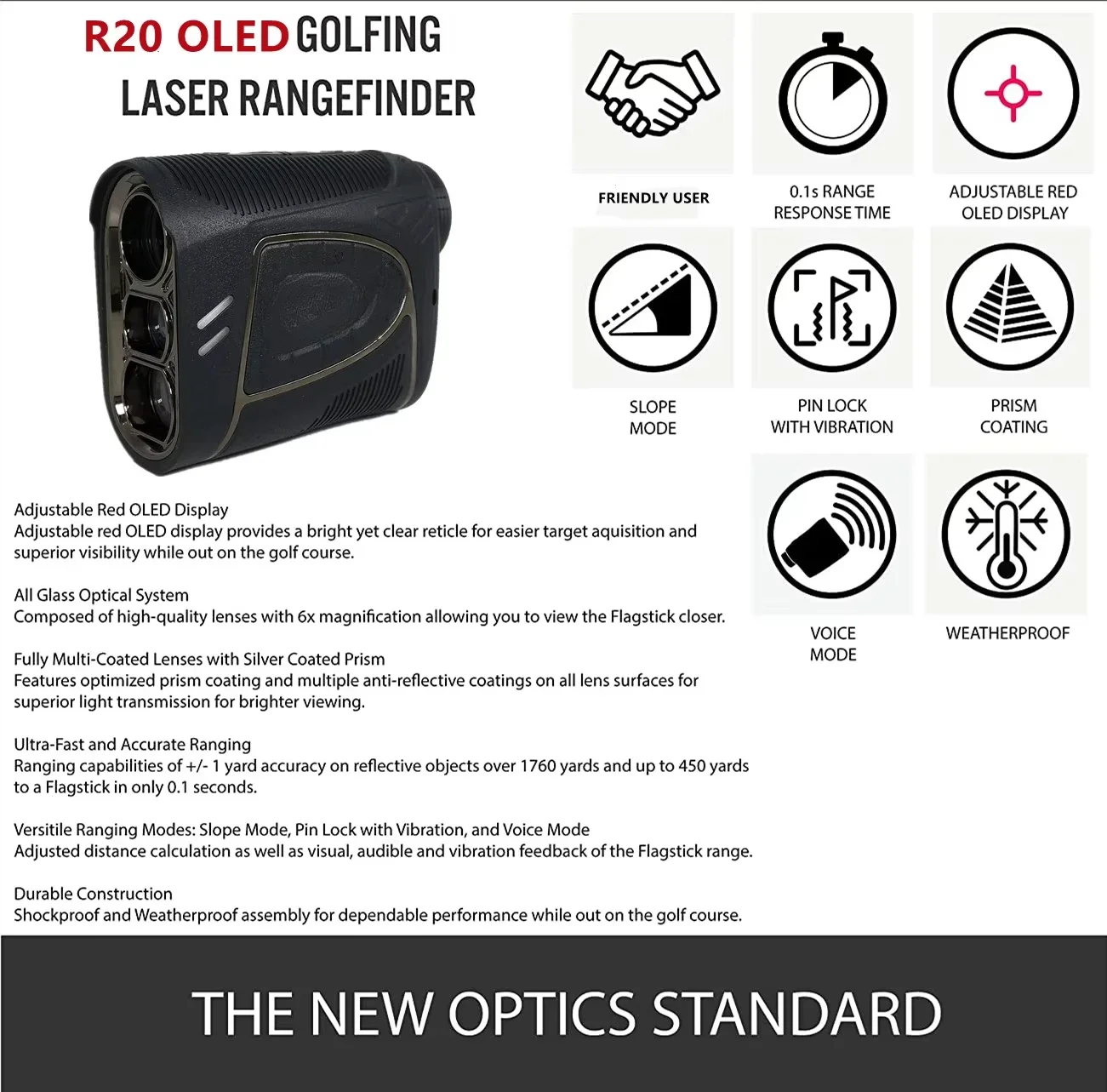 1200 Yards Golf  Rangefinder Red OLED Display with Slope On/Off Flag-Lock Tech for Golfing Tournament Legal