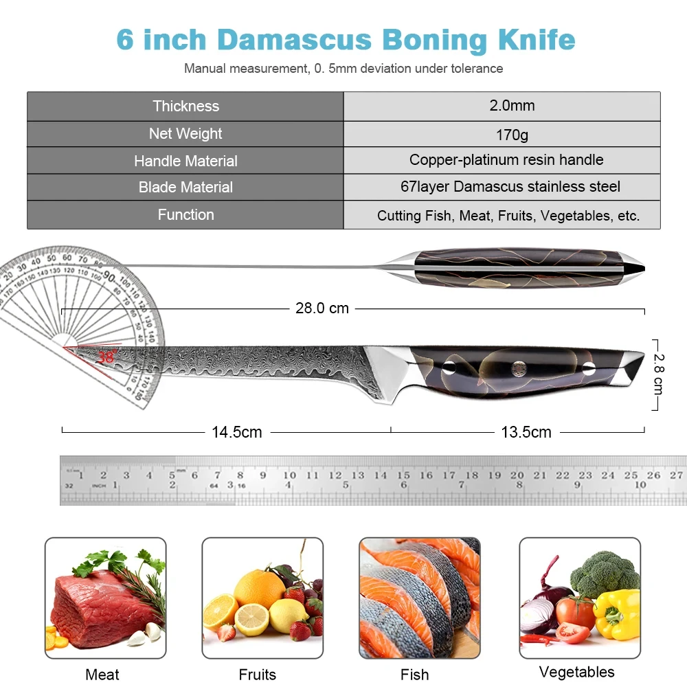 XITUO Flexible Fillet Knife Japanese Damascus Steel Sharp 6 Inch Boning Knife, Kitchen Meat Knife ,Copper Platinum Resin Handle