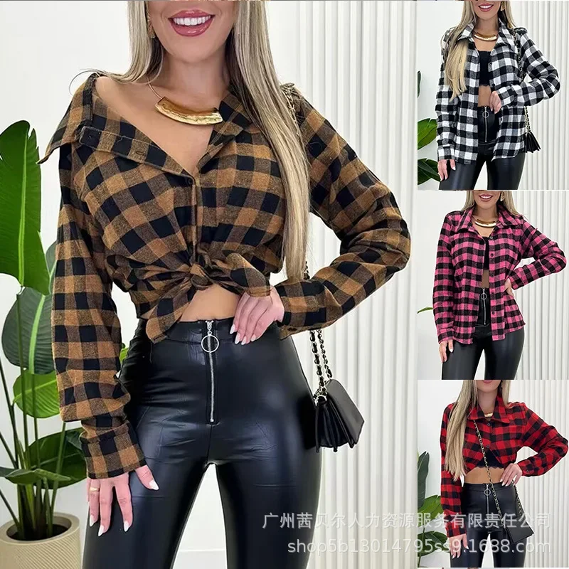 

Women Shirt Plaid Turn Down Collar Blouses Single Breasted Shirts Long Sleeve Cardigan Casual Loose Fit Basics Autumn 2024