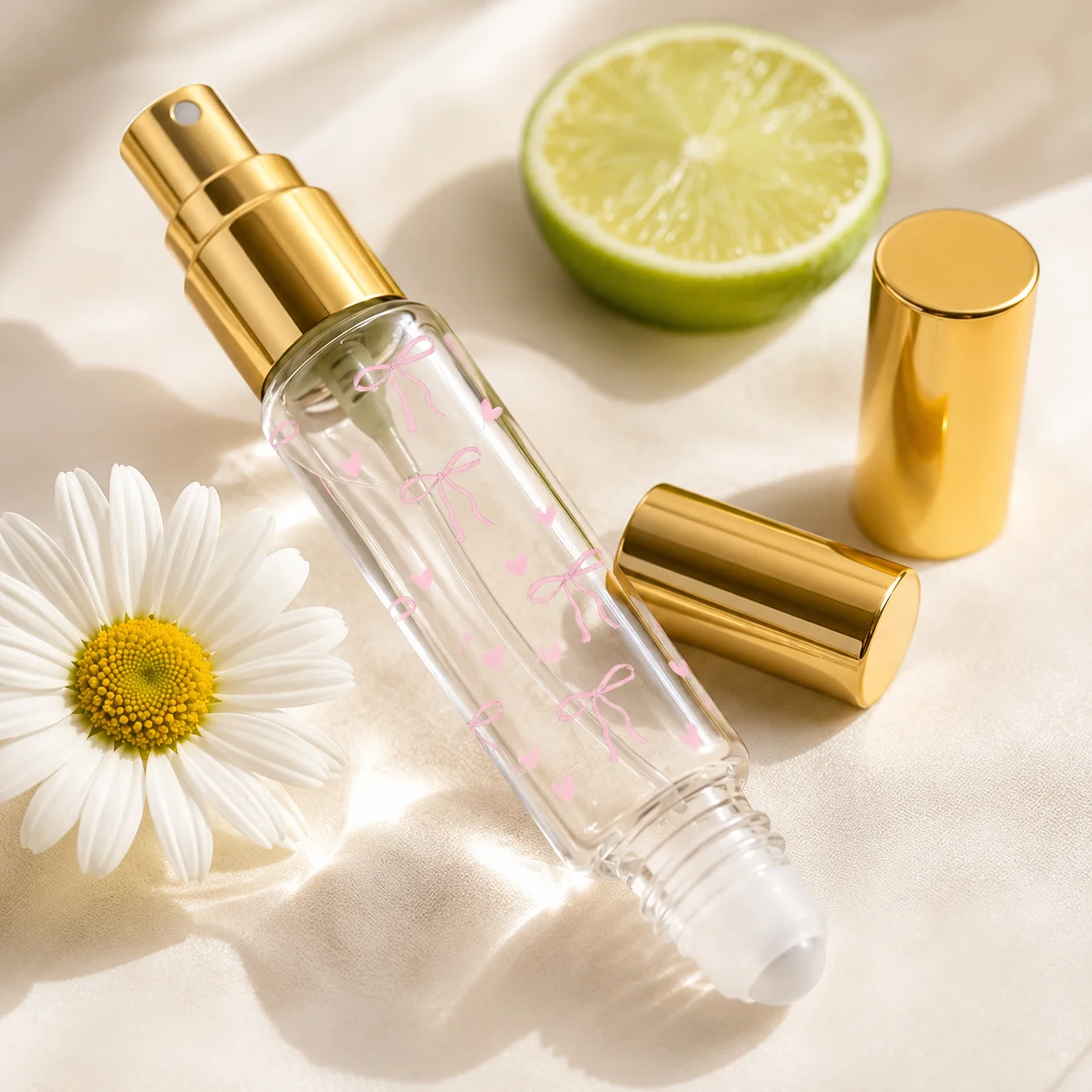 Perfume Fragrance Story - ขวดน้ำหอมแบบเติมได้ขนาด 10 มล. ลายโบว์น่ารัก พร้อมหัวฉีดแบบสองด้านและลูกกลิ้ง บรรจุภัณฑ์น้ำหอมแบบพกพาสำหรับผู้หญิง