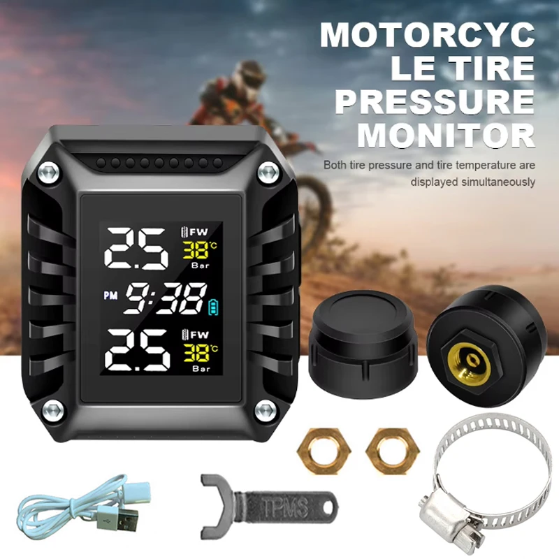TPMS sem fio para motocicleta com 2 sensores externos, monitoramento de pressão dos pneus de moto, sistema de alarme de temperatura dos pneus, exibição de tempo