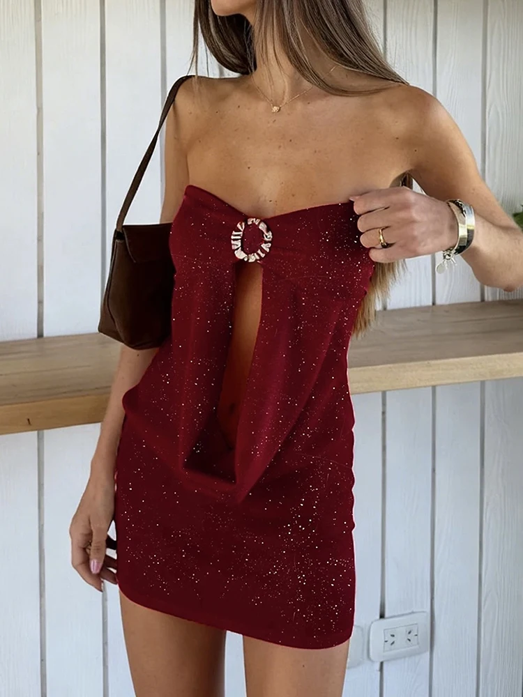 Sisterlinda Sequin Paste Dress Women Valentine's Day Hollow Metal Buckle Sleeveless Ruched Coquette Party Club Peach Hip Bodycon