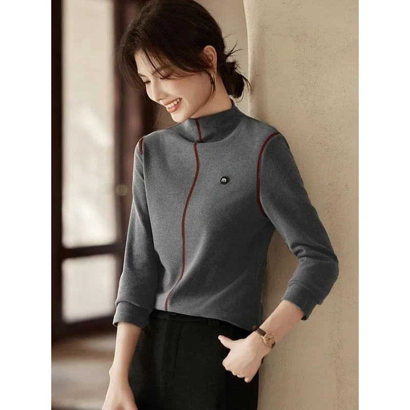 Temperament Half Turtleneck Bottoming Shirt for Women in Autumn Winter New Fashion Line Slim Warm Inner Long-sleeved T-shirt