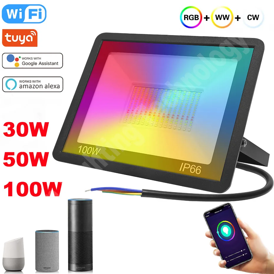 

100W 50W 30W Tuya WiFi Smart LED Spotlight 220V Flood Light RGB Dimmable Wall Reflector Lamp IP66 Waterproof Lighting Decor